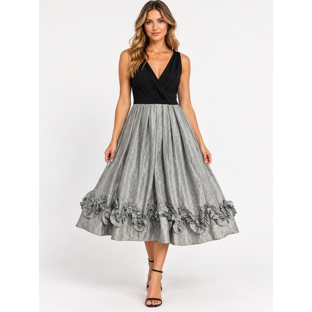 R&M Richards Cocktail Dress Womens 6 Blk Silver Rosette Hem Metallic Midi V-Neck